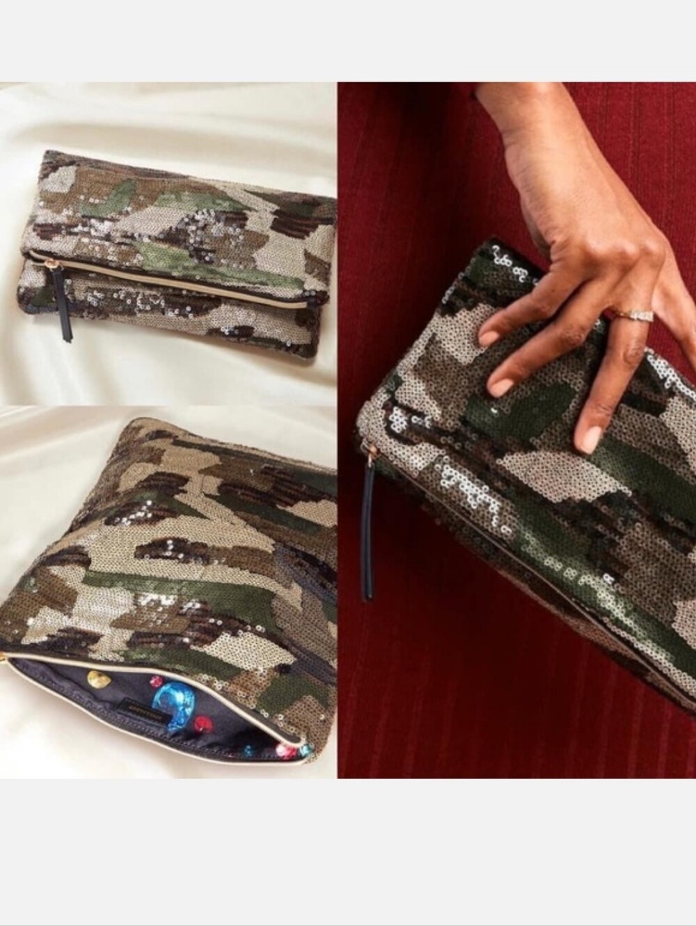 Stella & Dot Sequin Camo Fold-Over Clutch - Green Camo